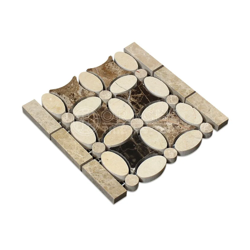 Crema Marfil Spanish Marble Florida Flower Border with Emperador Dark Marble, Polished