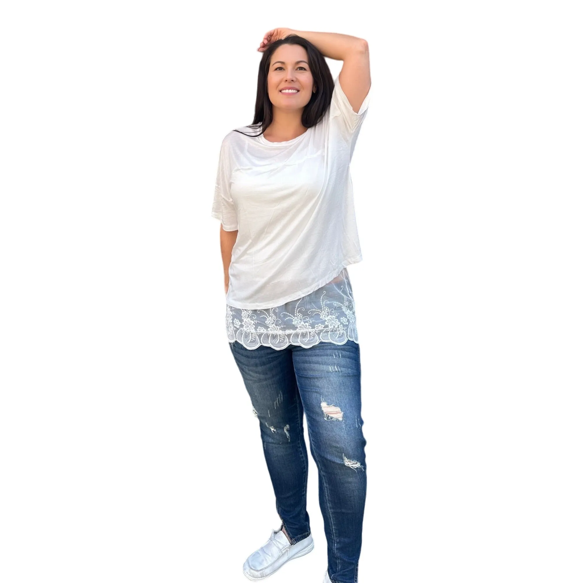 Culture Code White Crew Neck Exposed Yoke Seam Short Sleeve Boxy Top CAY1646