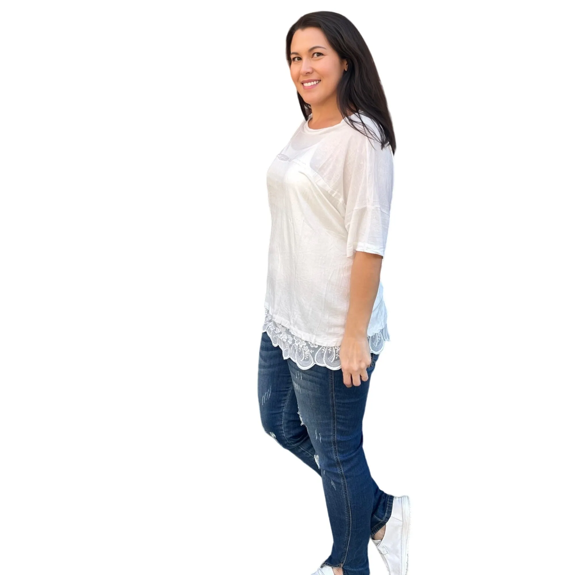 Culture Code White Crew Neck Exposed Yoke Seam Short Sleeve Boxy Top CAY1646
