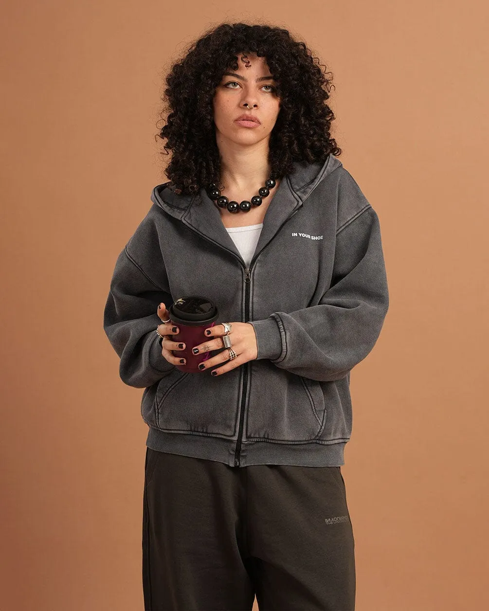 Dark Grey Washed Boxy Zip-Up Hoodie
