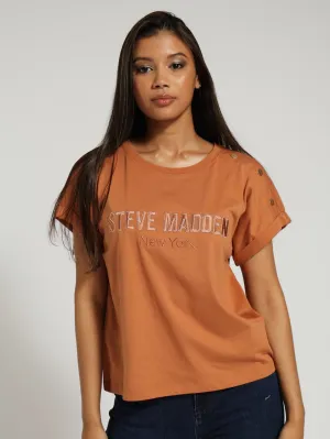 Diana Boxy Logo Tee With Shoulder Poppers - Caramel