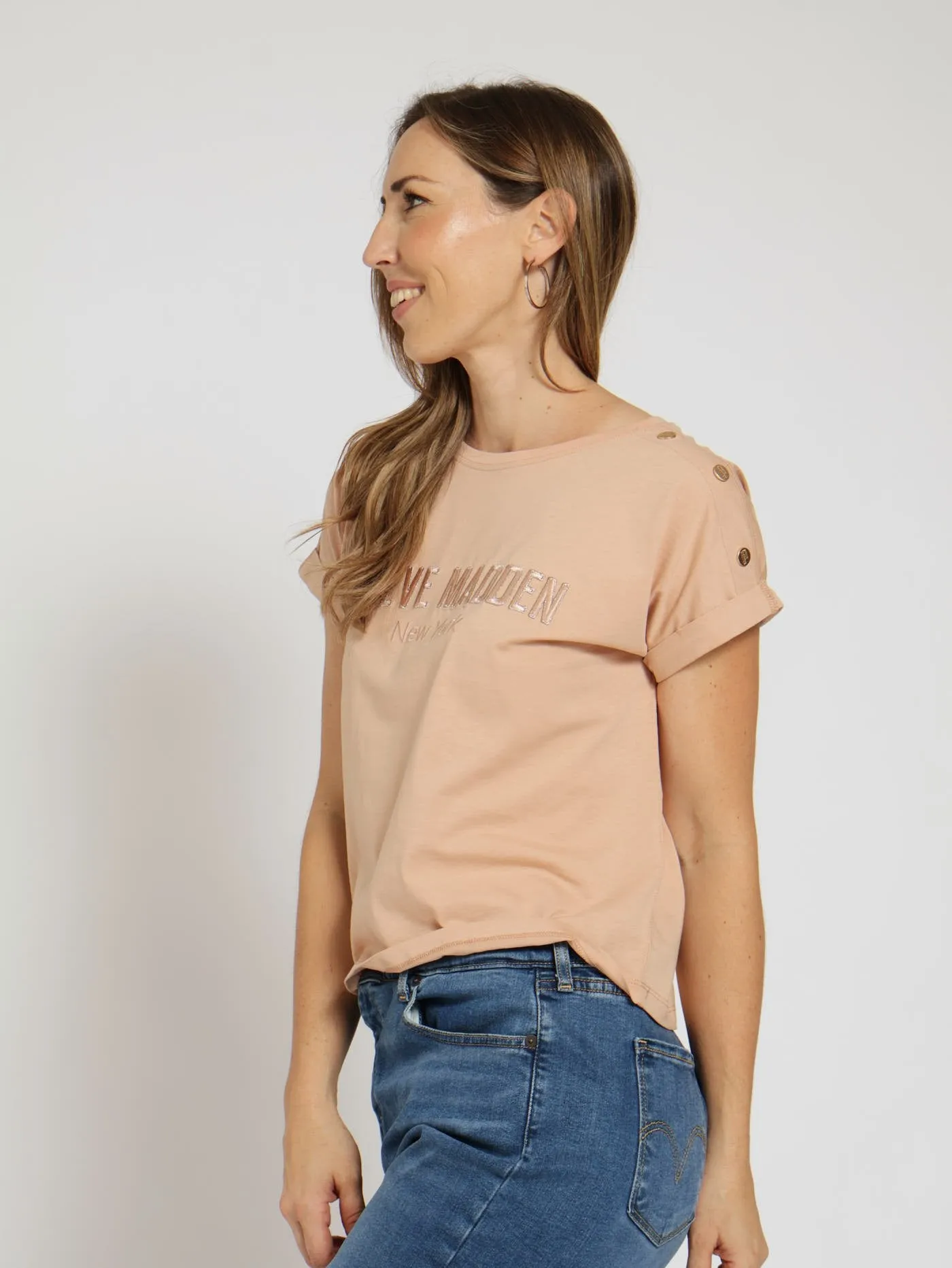 Diana Boxy Logo Tee With Shoulder Poppers - Fawn