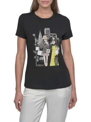 DKNY Women Black Placement Print Round Neck Tshirt