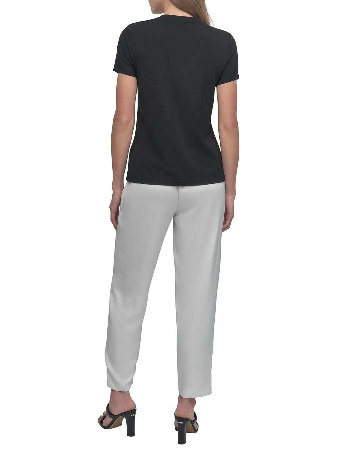 DKNY Women Black Placement Print Round Neck Tshirt