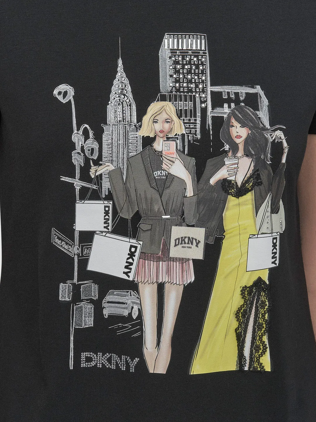 DKNY Women Black Placement Print Round Neck Tshirt