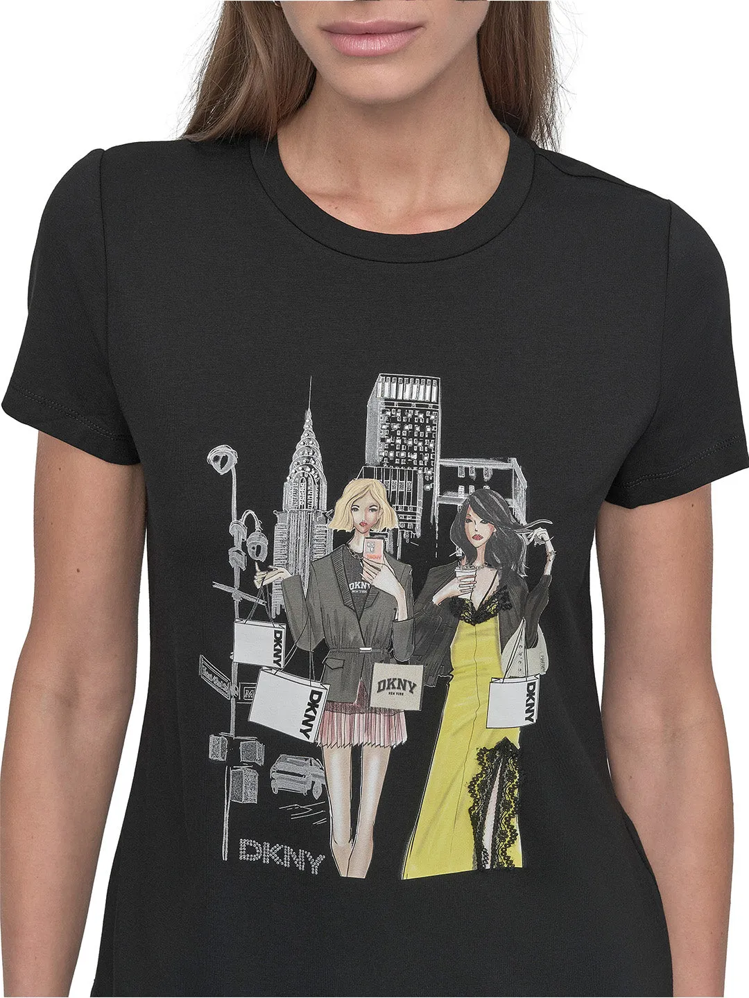DKNY Women Black Placement Print Round Neck Tshirt
