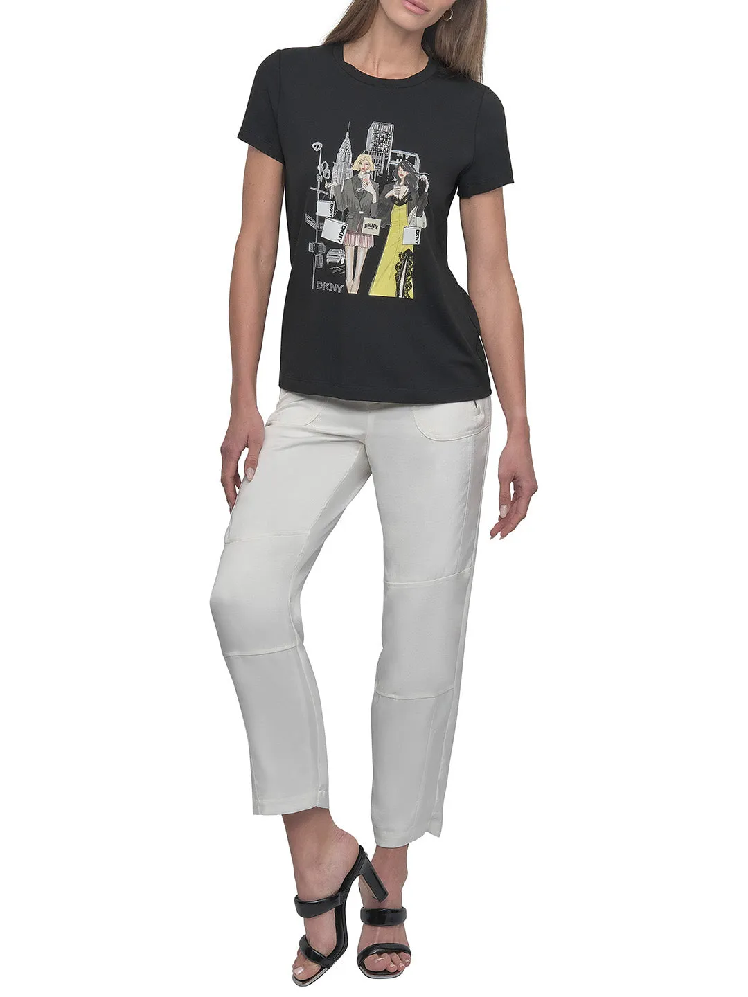 DKNY Women Black Placement Print Round Neck Tshirt
