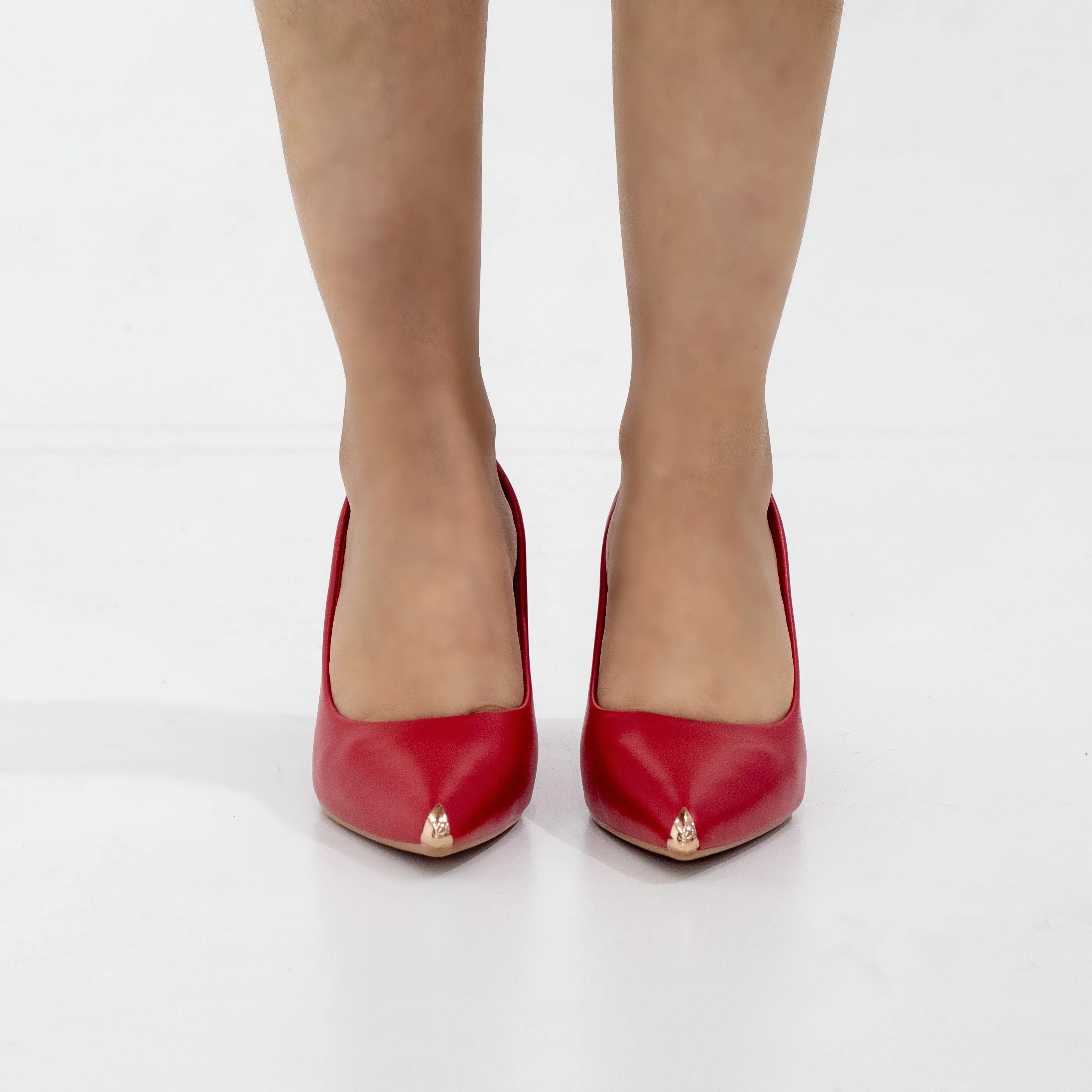 Doha Faux court with gold pointy toe on 8cm heel red
