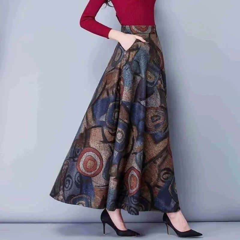 Elegant Print Vintage Warm High Waist Wool Maxi Long Skirt