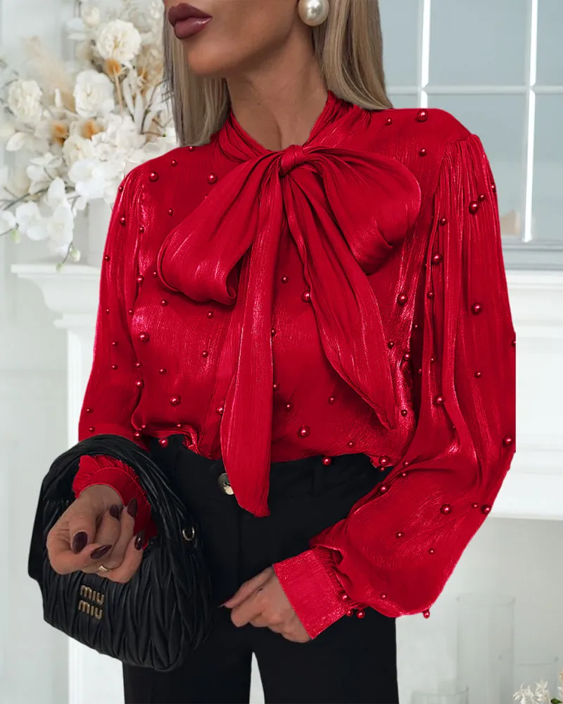 Elegant Sheer Beaded Lace-Up Red Blouse