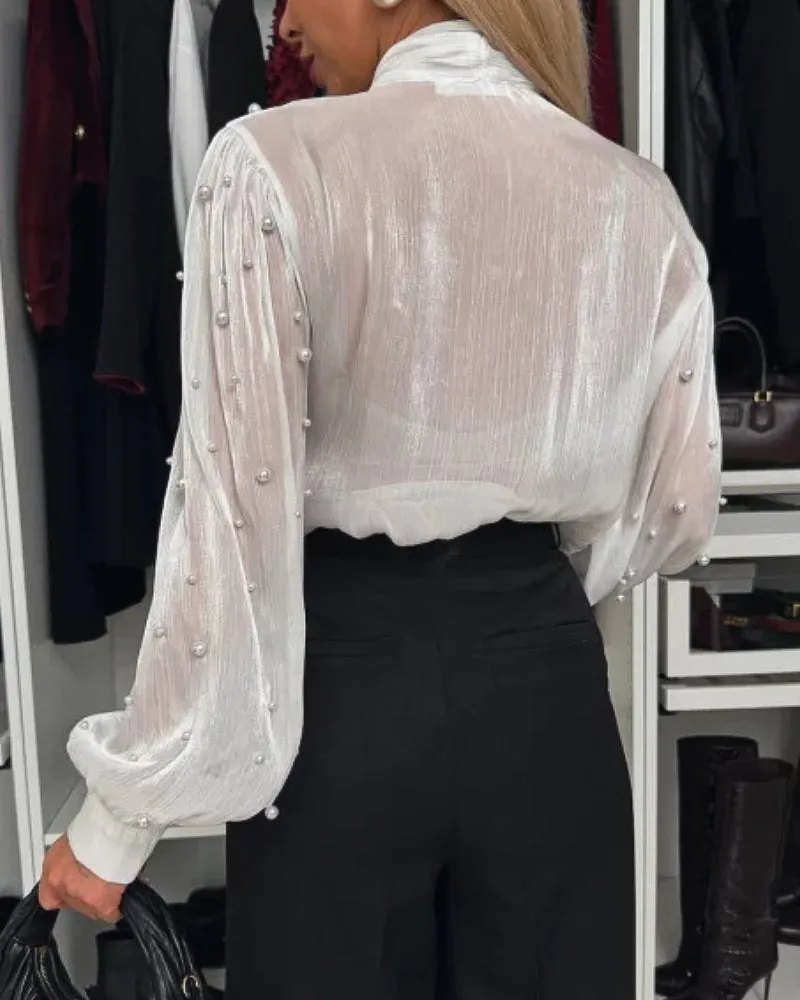 Elegant Sheer Beaded Lace-Up Red Blouse