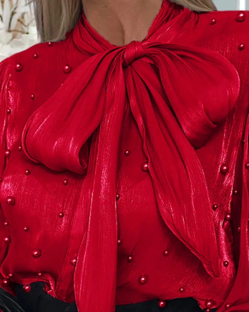Elegant Sheer Beaded Lace-Up Red Blouse