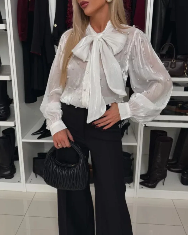 Elegant Sheer Beaded Lace-Up Red Blouse
