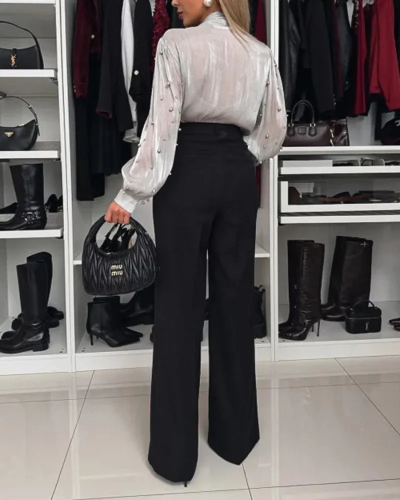 Elegant Sheer Beaded Lace-Up Red Blouse