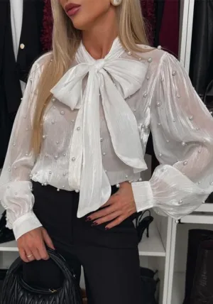 Elegant Sheer Beaded Lace-Up Red Blouse