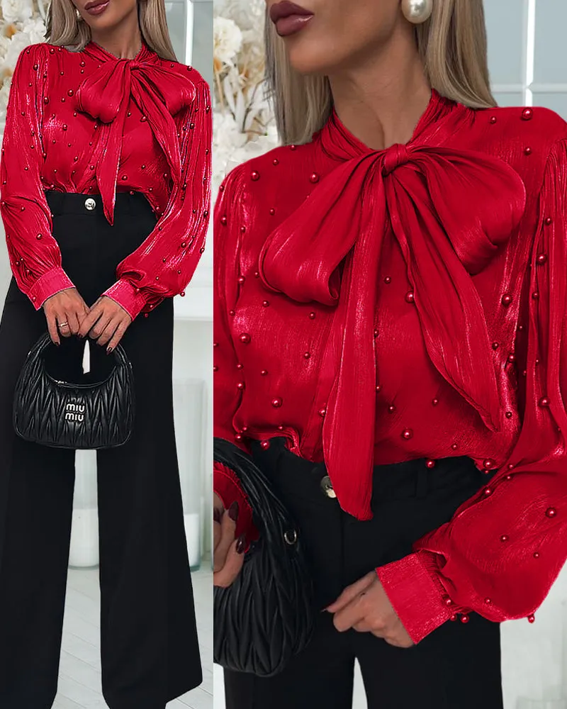 Elegant Sheer Beaded Lace-Up Red Blouse