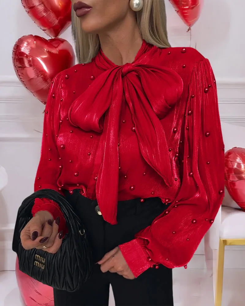 Elegant Sheer Beaded Lace-Up Red Blouse