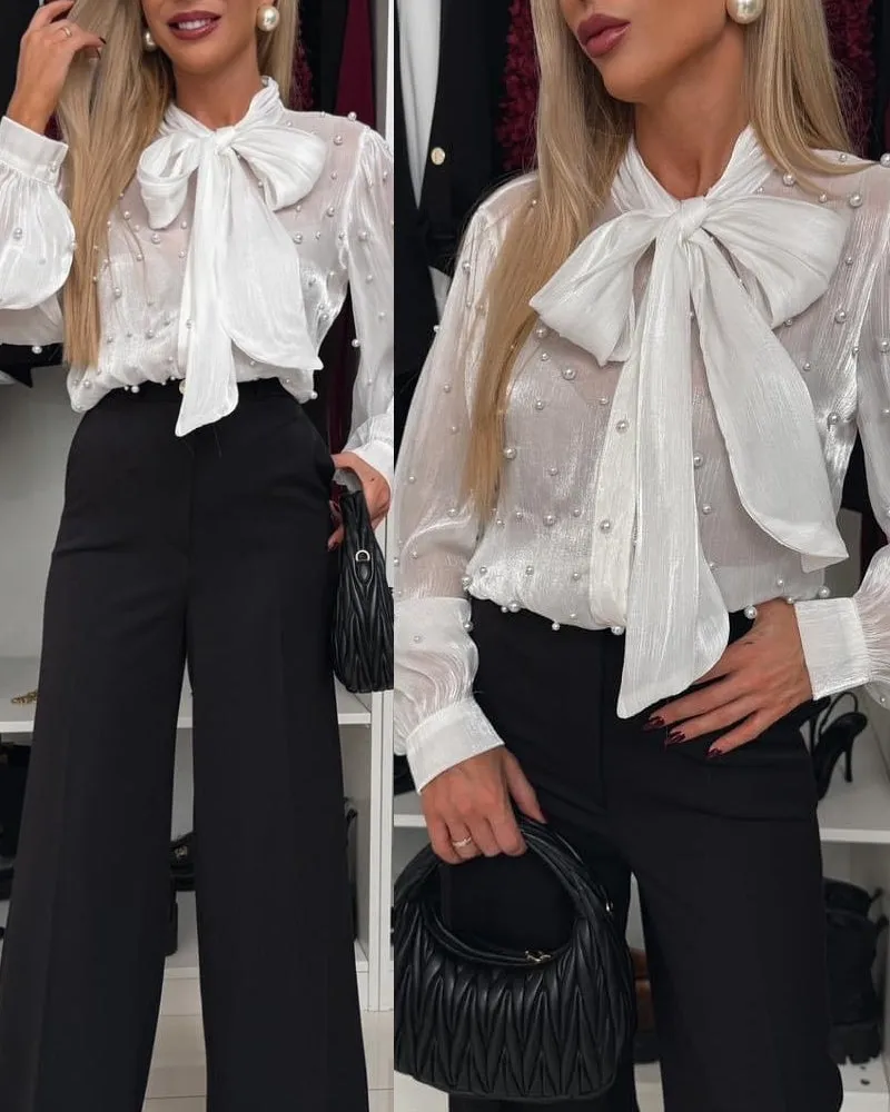 Elegant Sheer Beaded Lace-Up Red Blouse