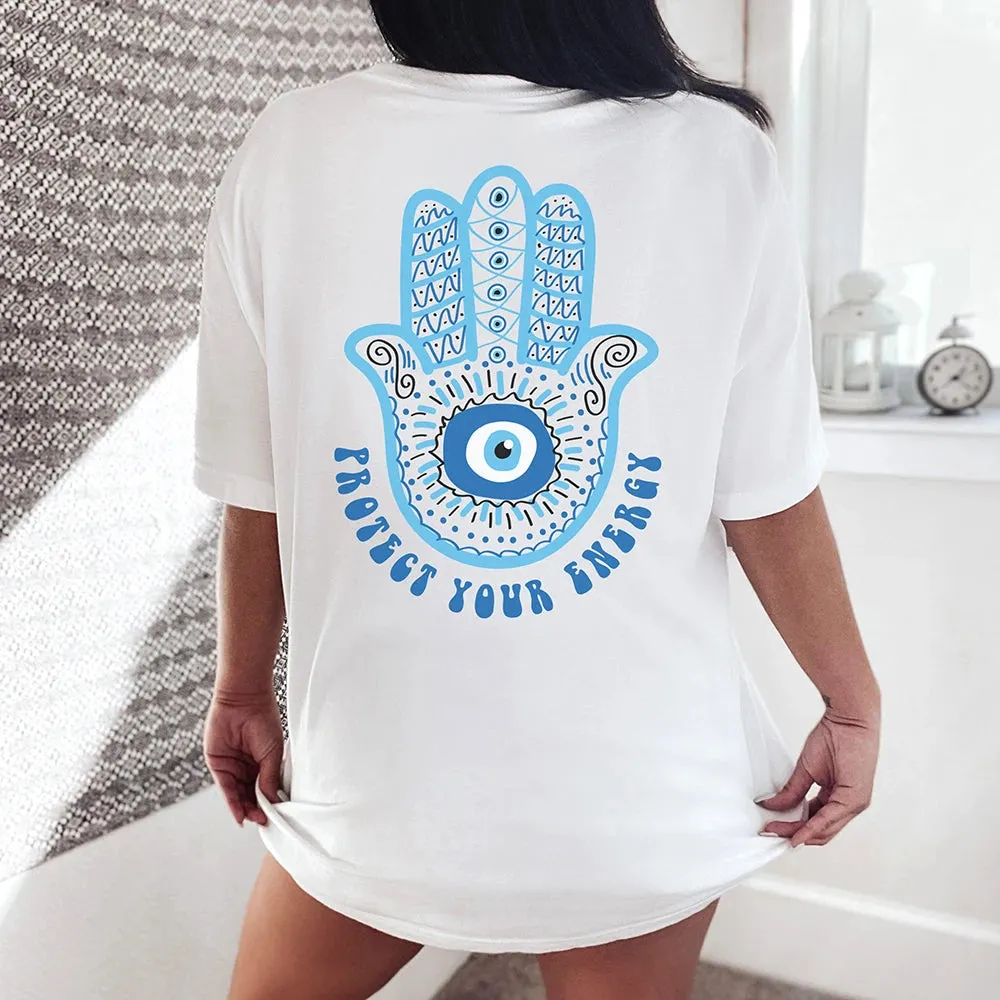 Elevate Your Summer Style with Trendy Evil Eye Print O-Neck Cotton T-Shirts for Women