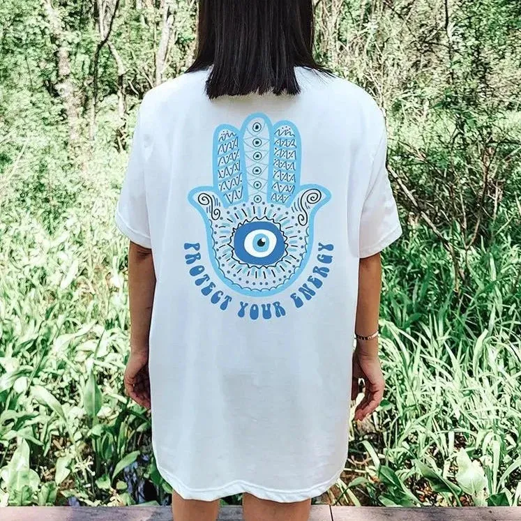 Elevate Your Summer Style with Trendy Evil Eye Print O-Neck Cotton T-Shirts for Women