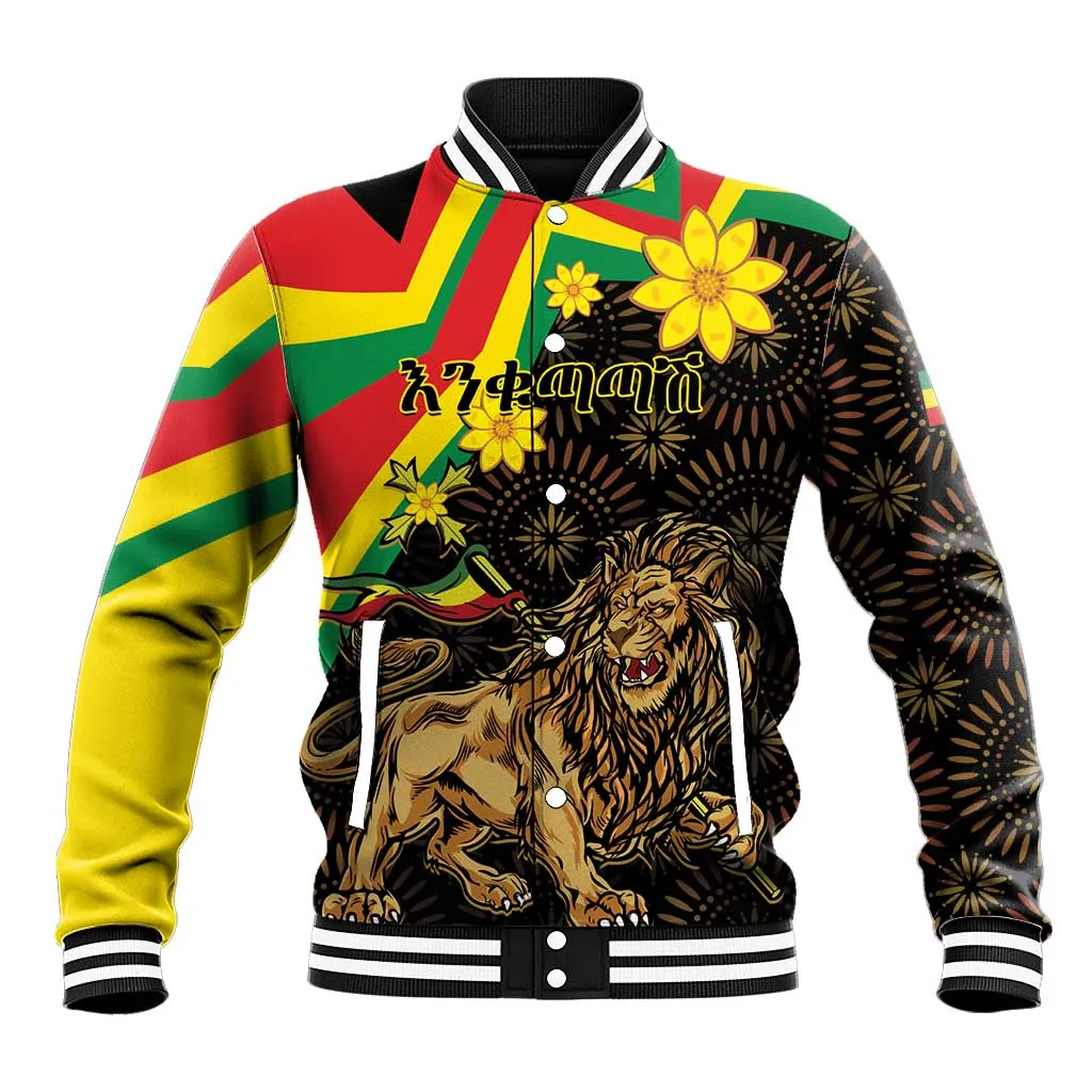 Enkutatash Ethiopia New Year Baseball Jacket Lion of Judah Adey Abeba Flower LT01