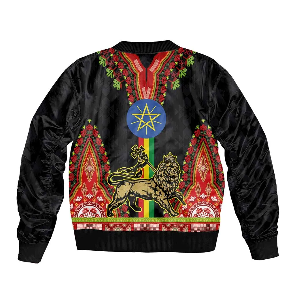 Ethiopia Lion of Judah and The Star Seal Sleeve Zip Bomber Jacket Dashiki Style LT03