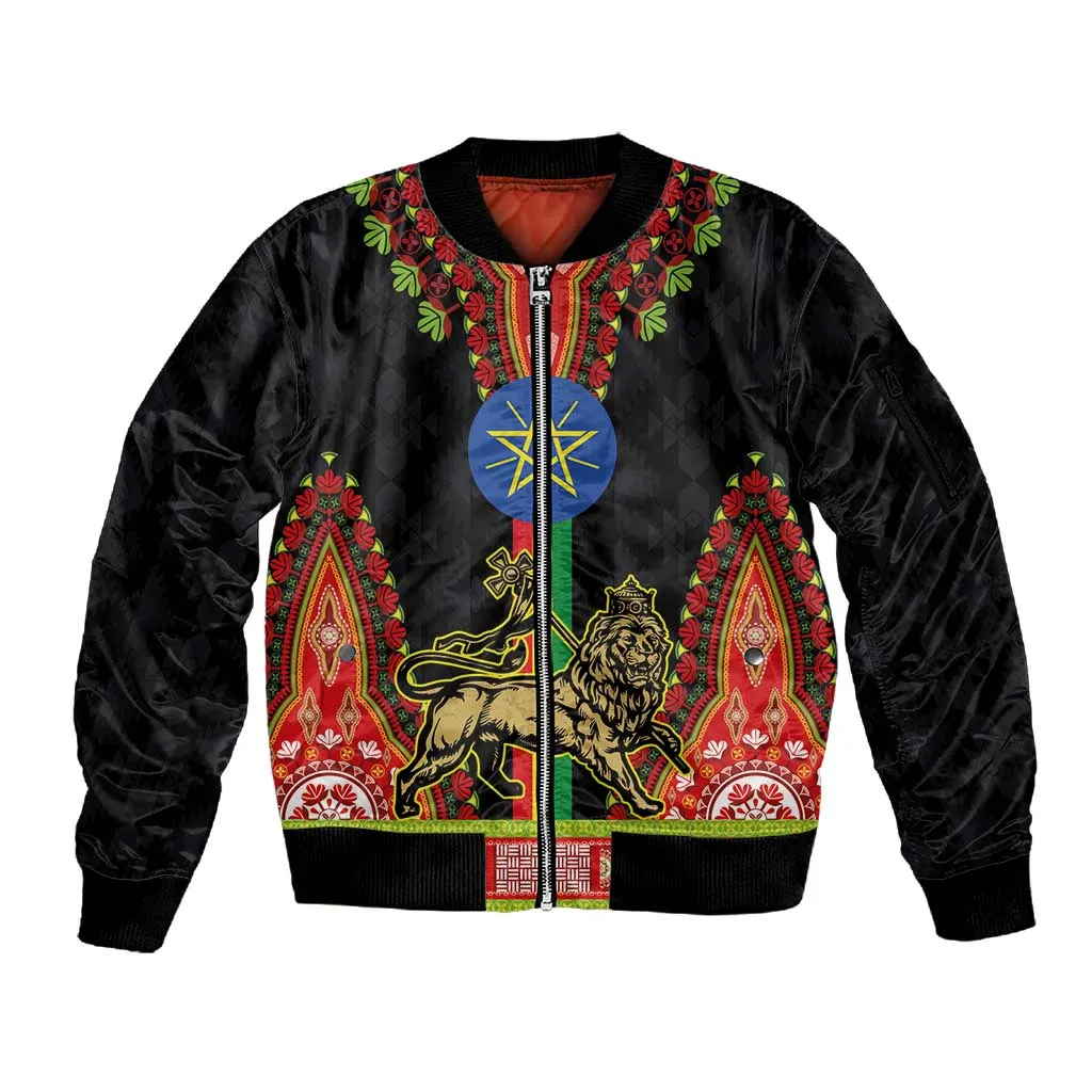 Ethiopia Lion of Judah and The Star Seal Sleeve Zip Bomber Jacket Dashiki Style LT03