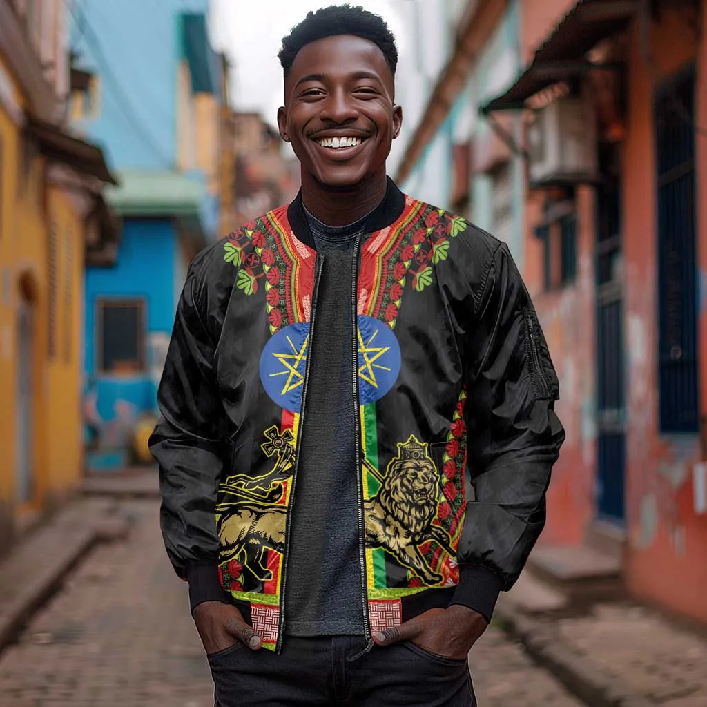 Ethiopia Lion of Judah and The Star Seal Sleeve Zip Bomber Jacket Dashiki Style LT03