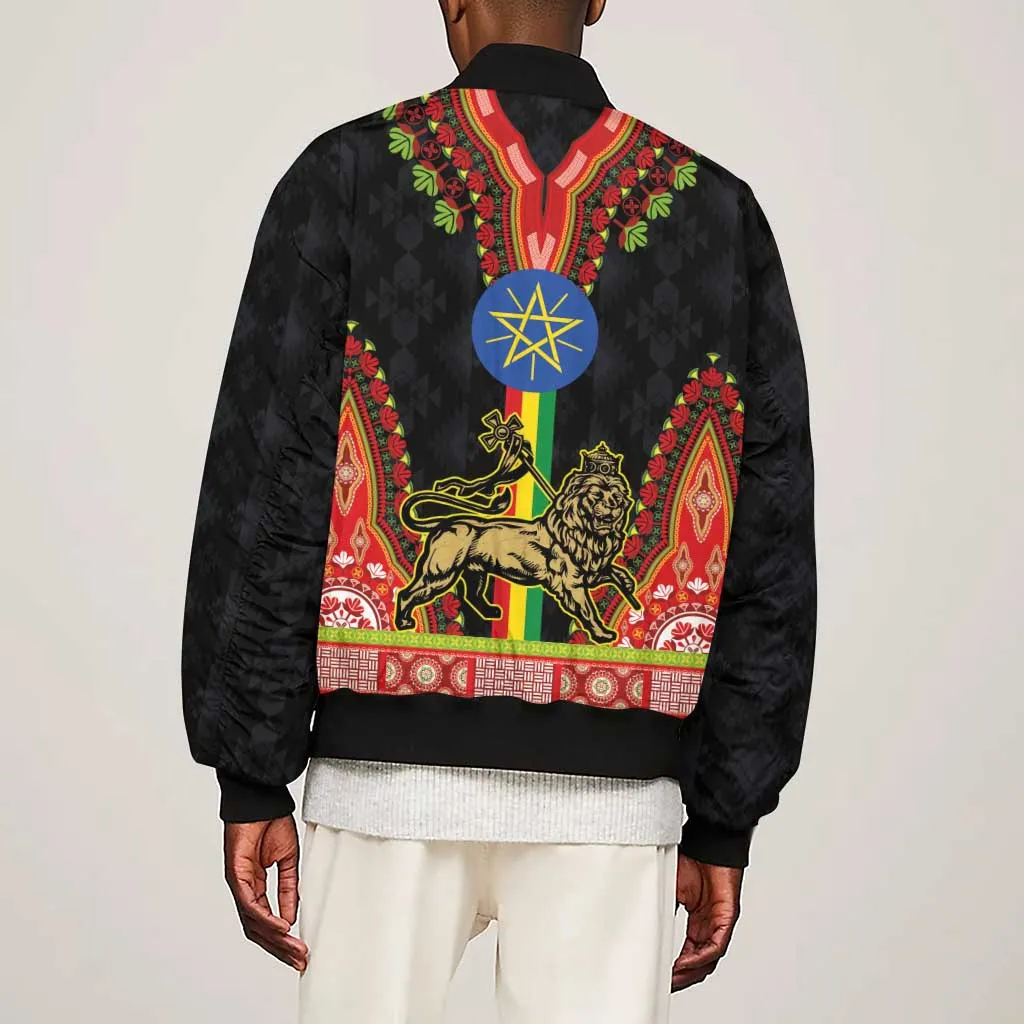 Ethiopia Lion of Judah and The Star Seal Sleeve Zip Bomber Jacket Dashiki Style LT03