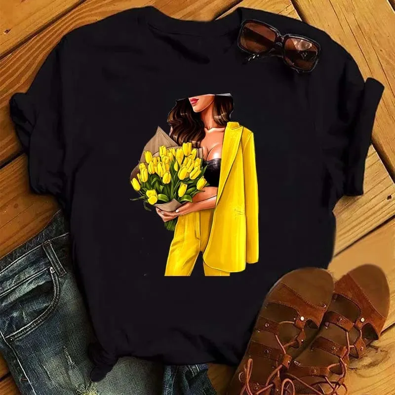 Fashion Print Black Loose T-shirt