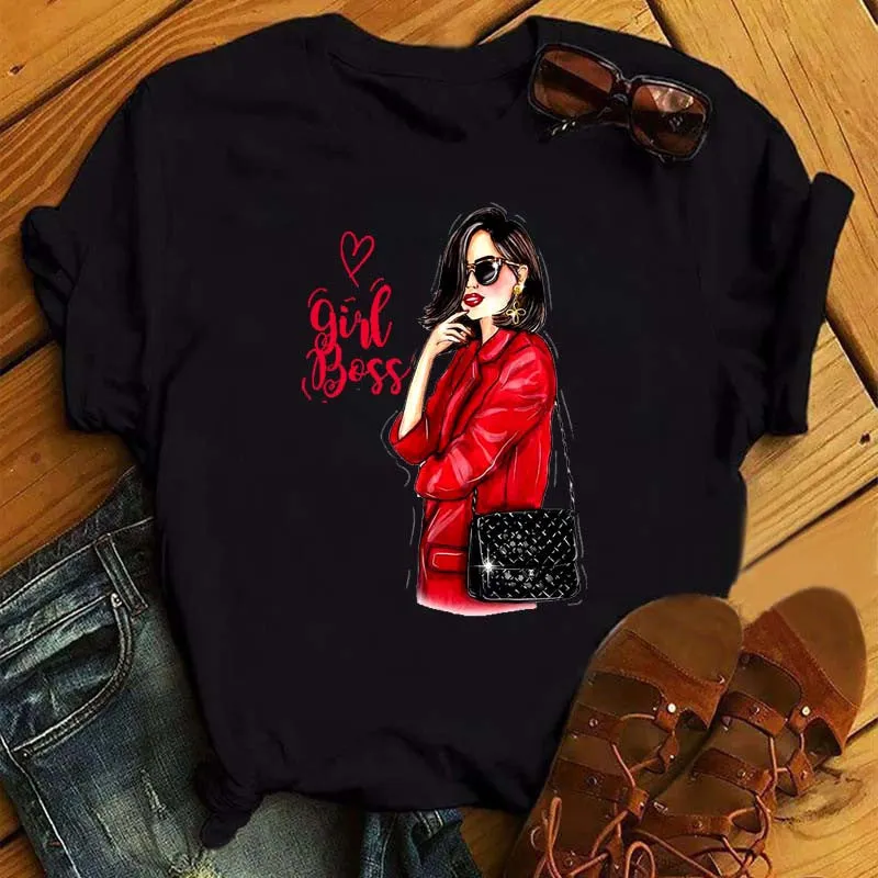 Fashion Print Black Loose T-shirt