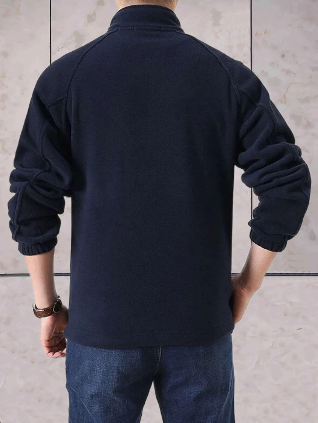 Fleece jackets with stand-up collar, two-tone design and zipper