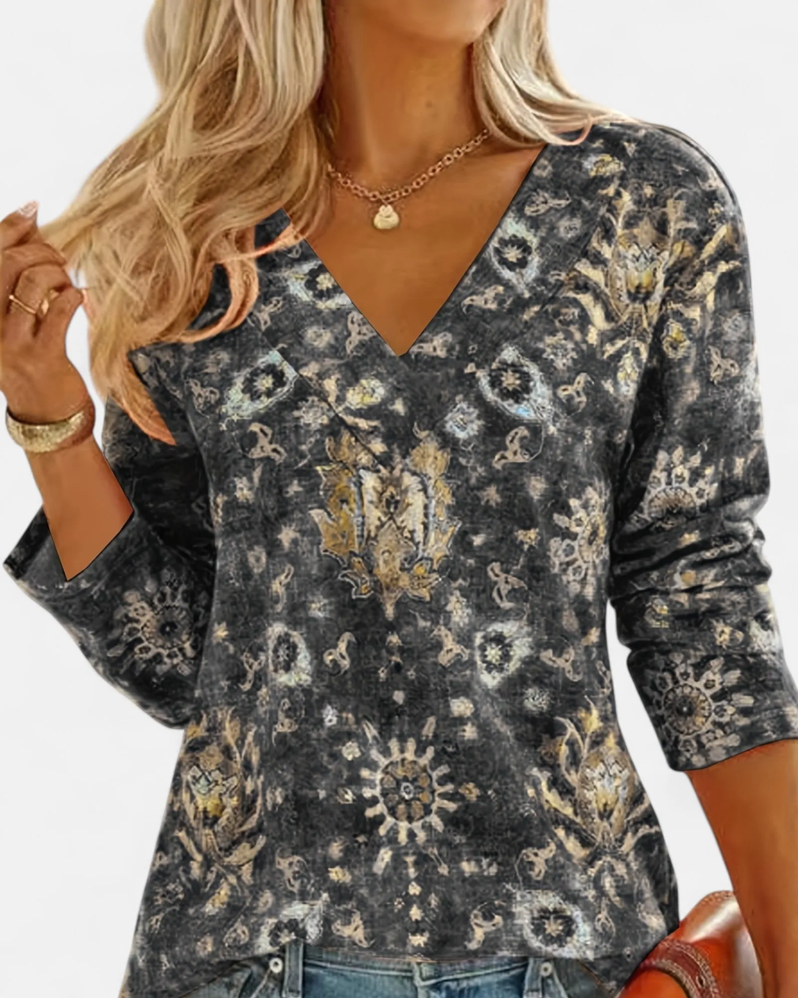 Flora – Boho Floral V Neck Long Sleeve Top