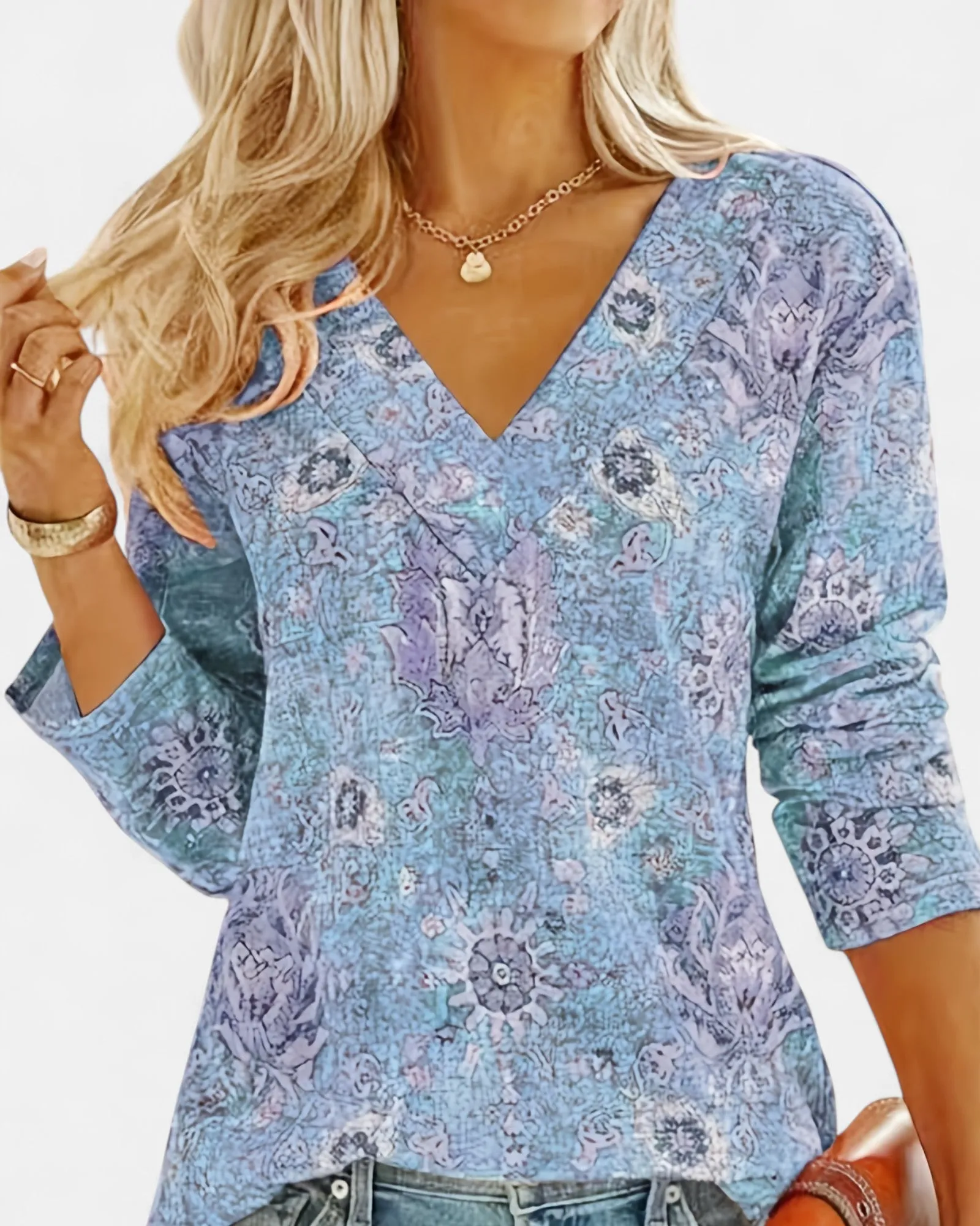 Flora – Boho Floral V Neck Long Sleeve Top