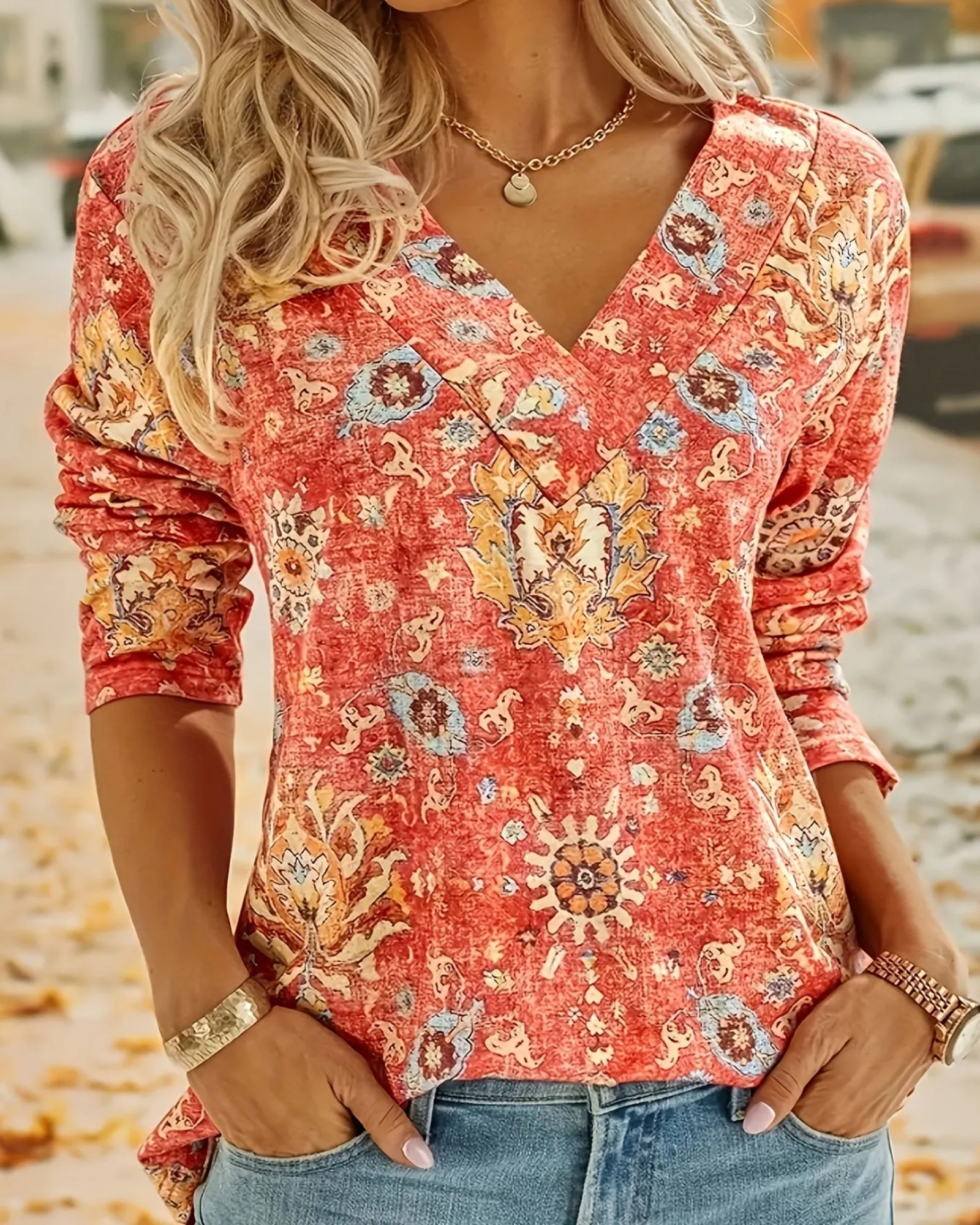 Flora – Boho Floral V Neck Long Sleeve Top