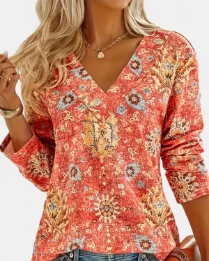 Flora – Boho Floral V Neck Long Sleeve Top