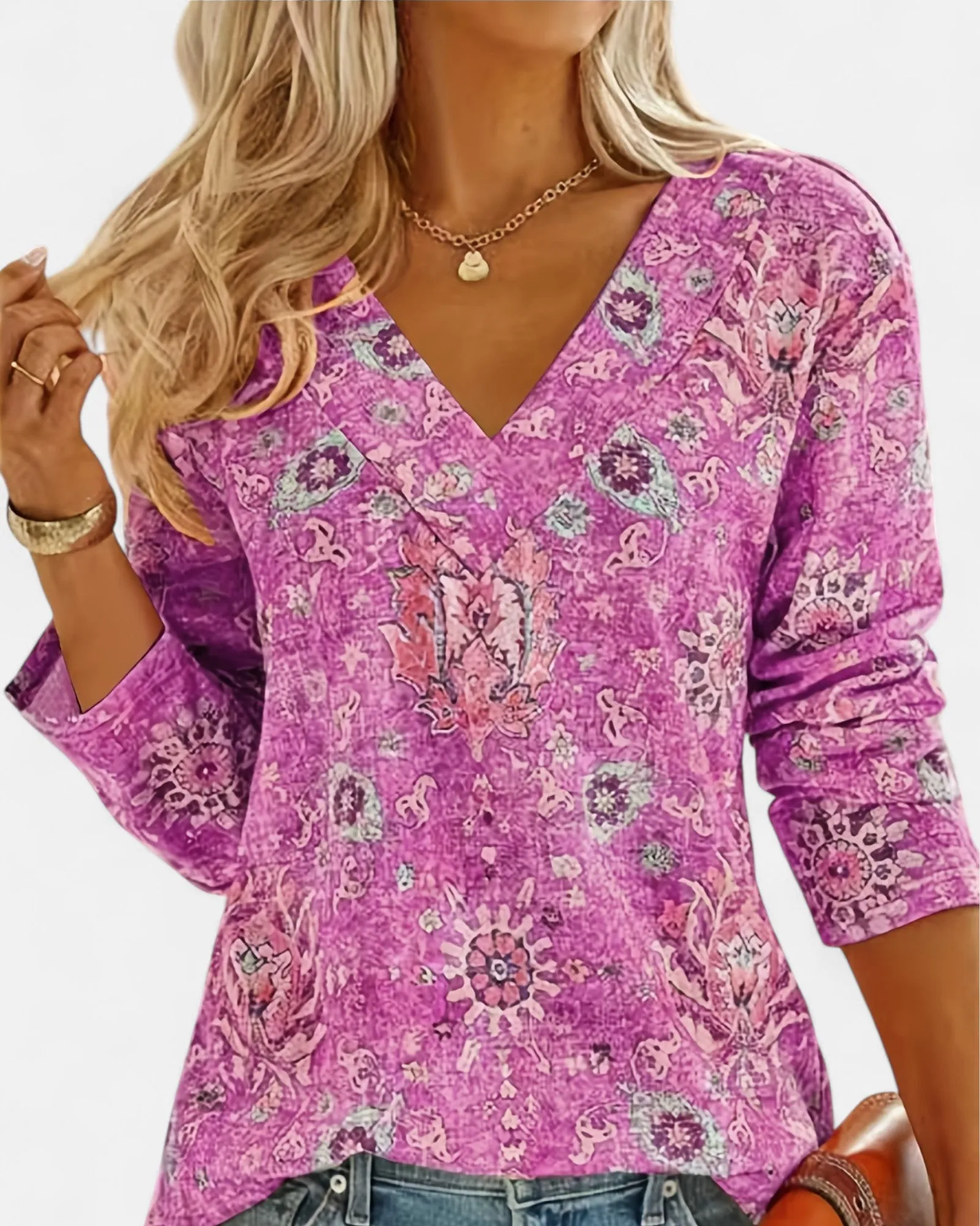 Flora – Boho Floral V Neck Long Sleeve Top