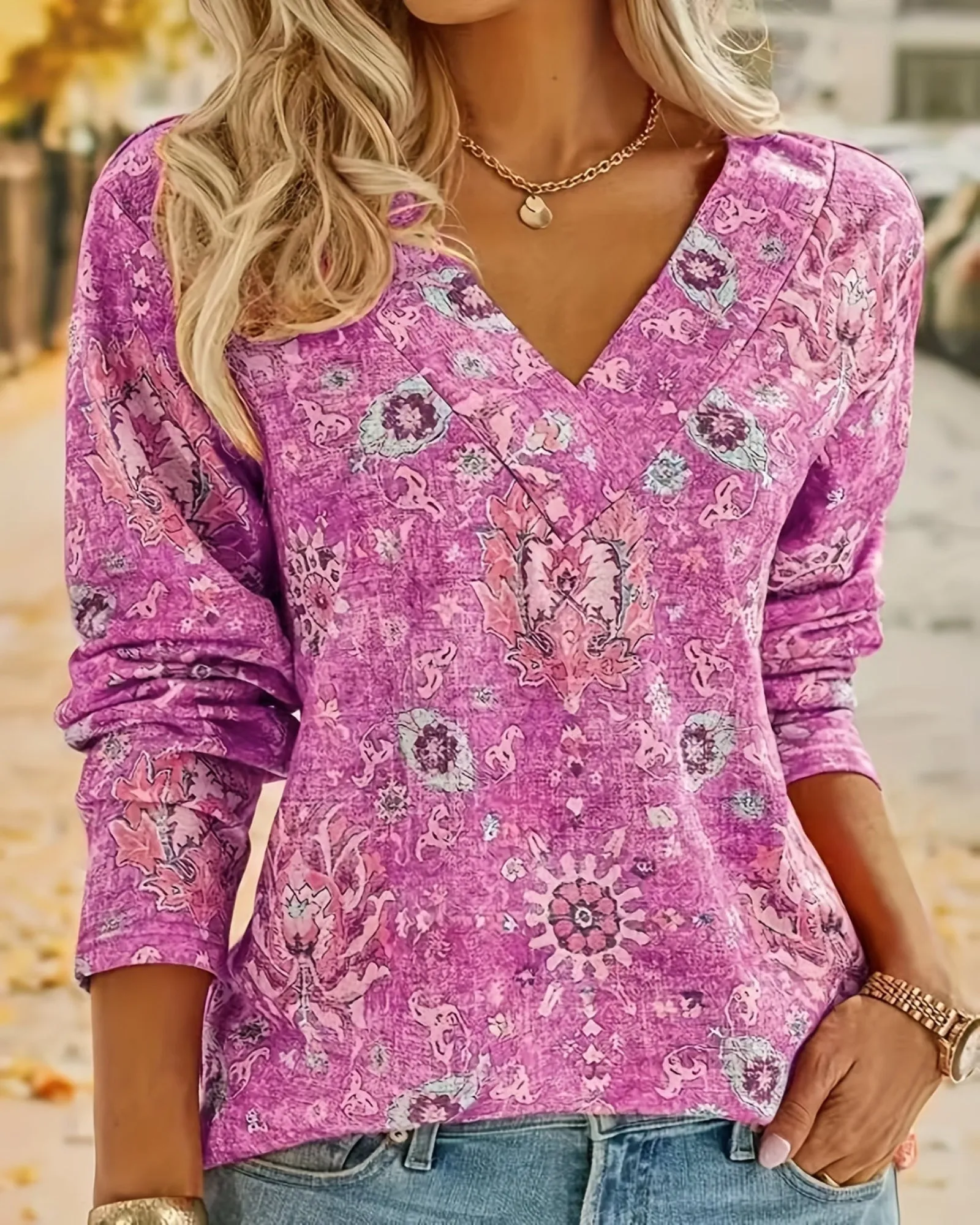 Flora – Boho Floral V Neck Long Sleeve Top