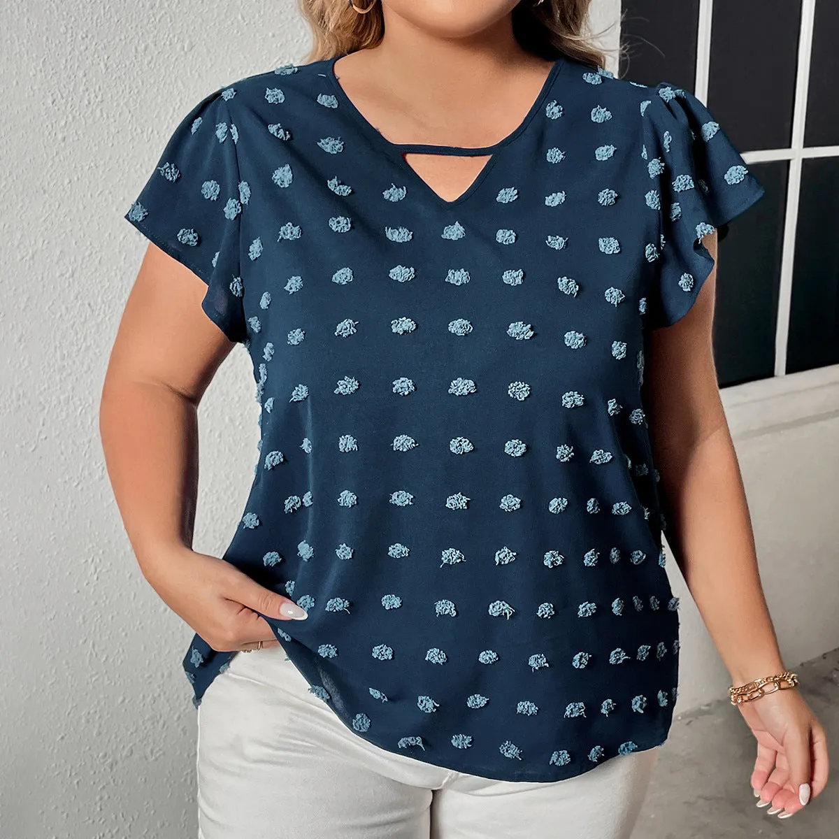 Flowy Polka Dot Half-Sleeve Chiffon Top with Keyhole Detail