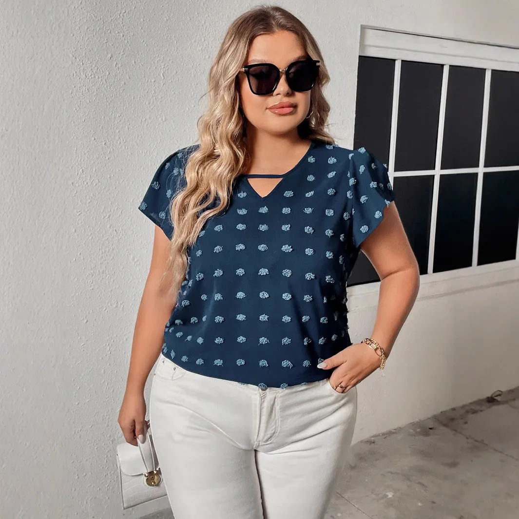 Flowy Polka Dot Half-Sleeve Chiffon Top with Keyhole Detail