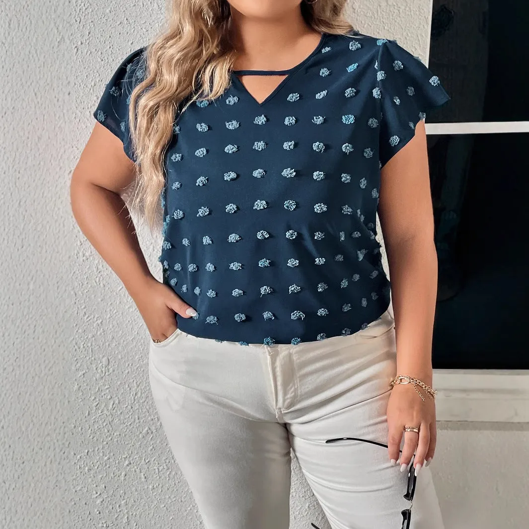 Flowy Polka Dot Half-Sleeve Chiffon Top with Keyhole Detail