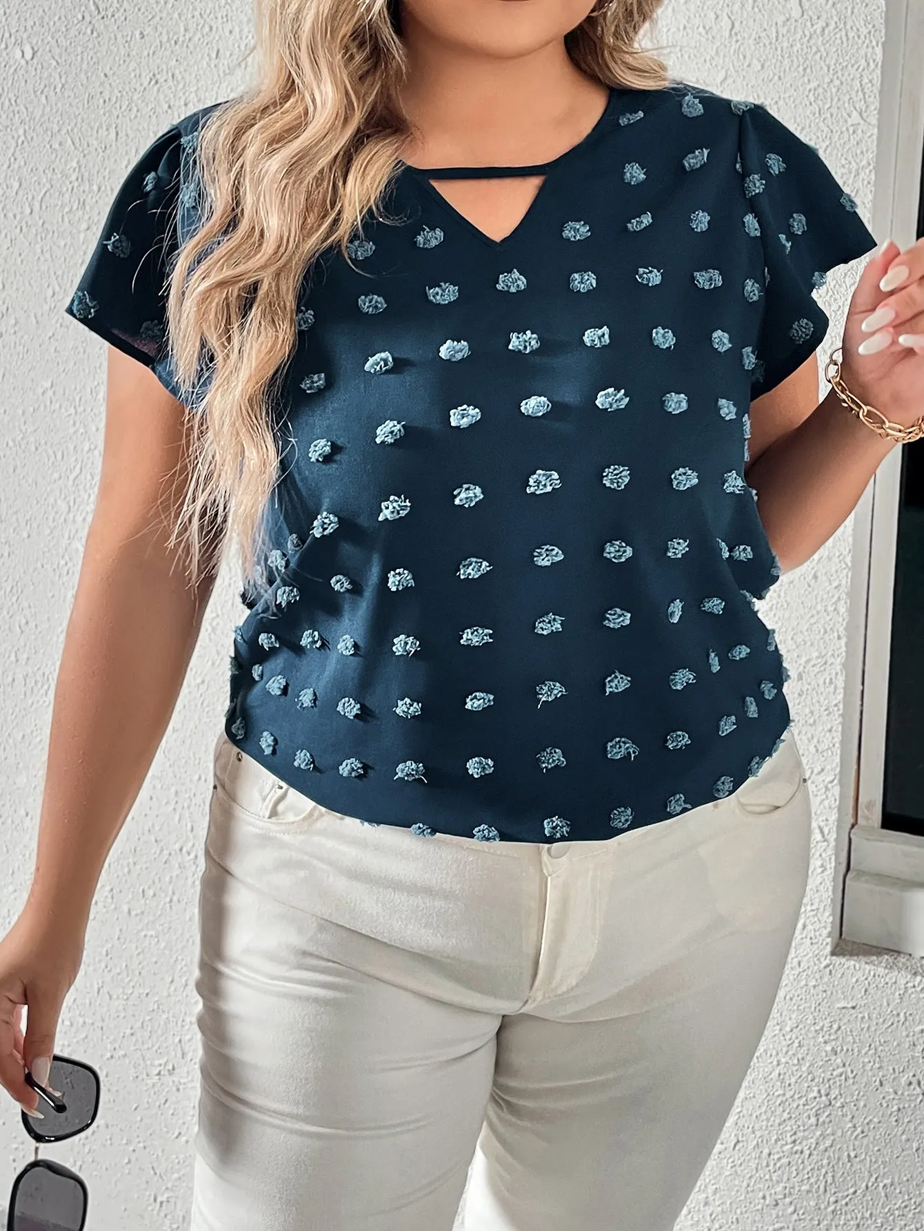 Flowy Polka Dot Half-Sleeve Chiffon Top with Keyhole Detail