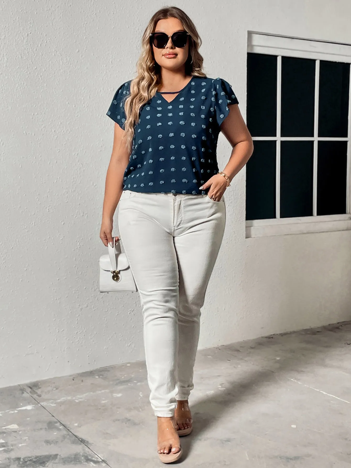 Flowy Polka Dot Half-Sleeve Chiffon Top with Keyhole Detail