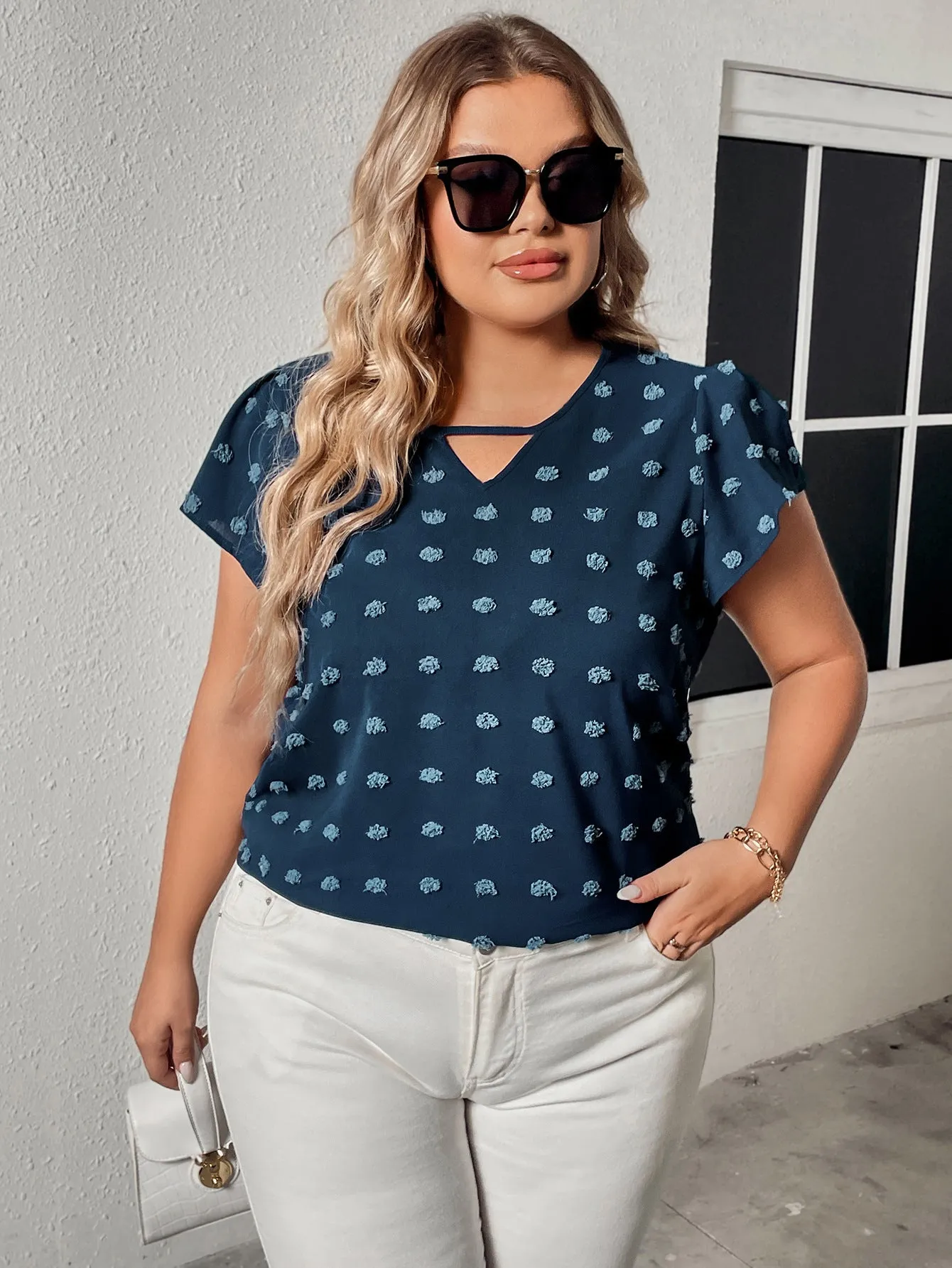 Flowy Polka Dot Half-Sleeve Chiffon Top with Keyhole Detail