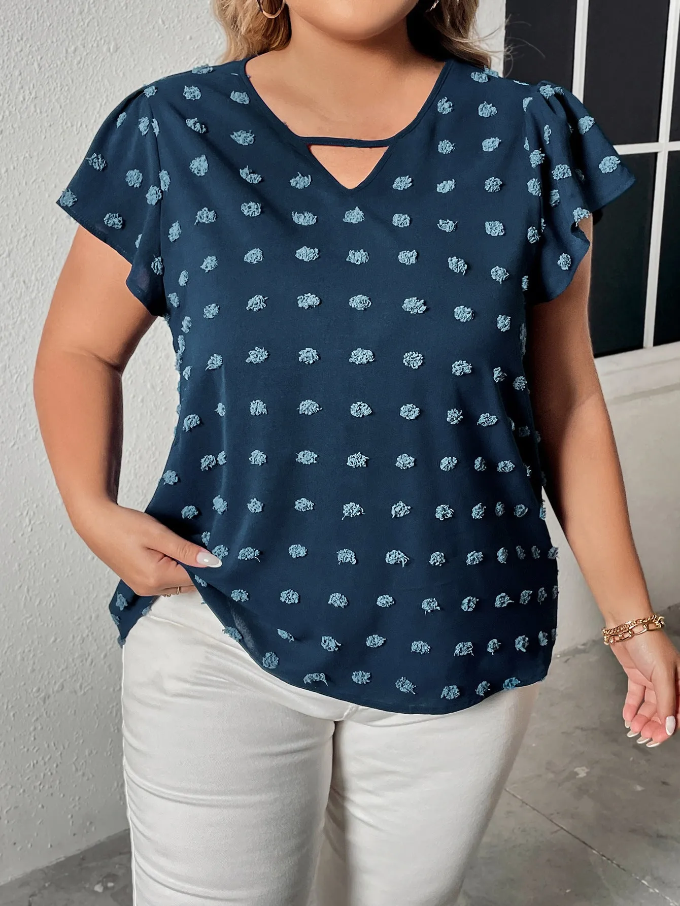 Flowy Polka Dot Half-Sleeve Chiffon Top with Keyhole Detail