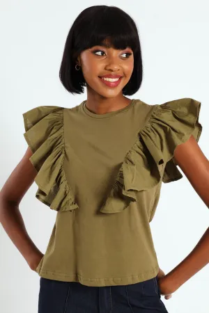Frill Detail Boxy Combo Tee - Olive
