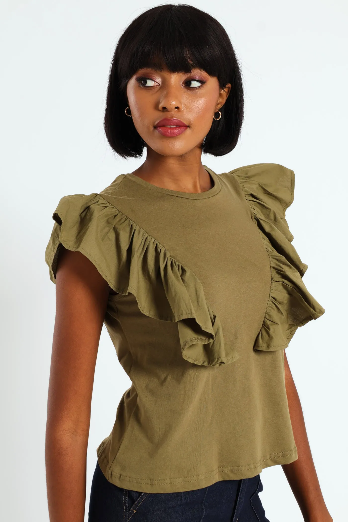 Frill Detail Boxy Combo Tee - Olive