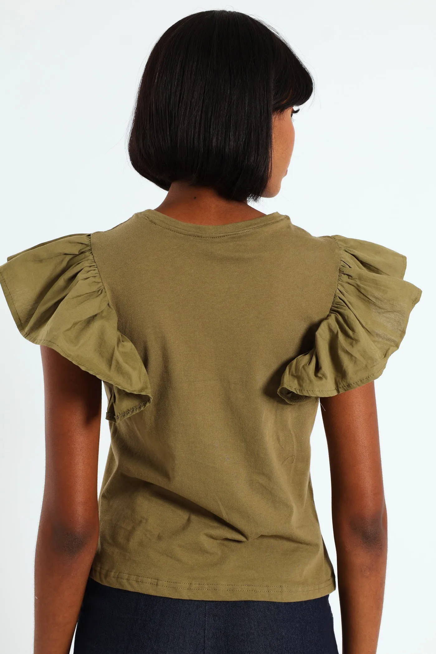 Frill Detail Boxy Combo Tee - Olive