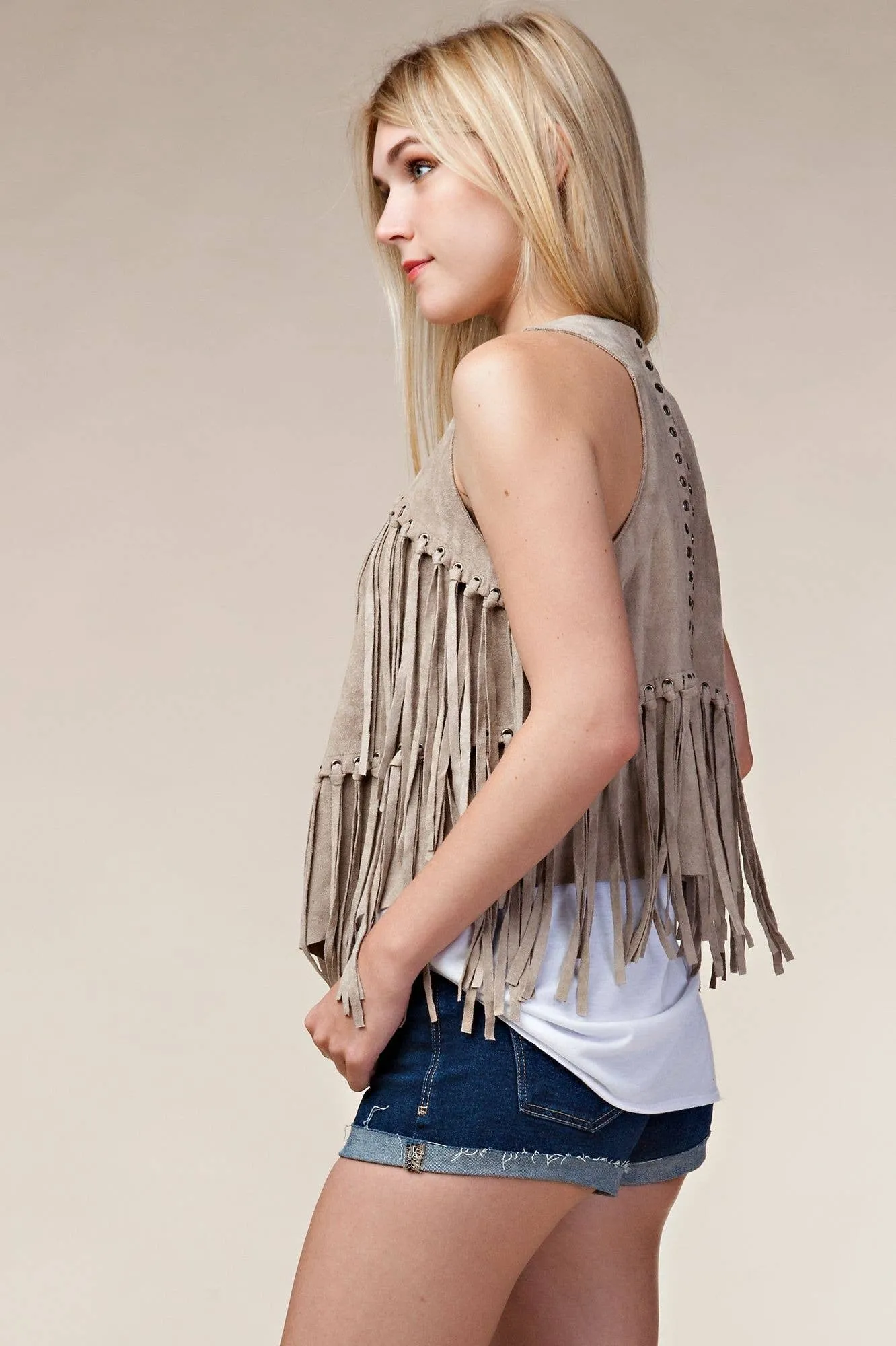 Fringe Vest with Eyelets: Camel