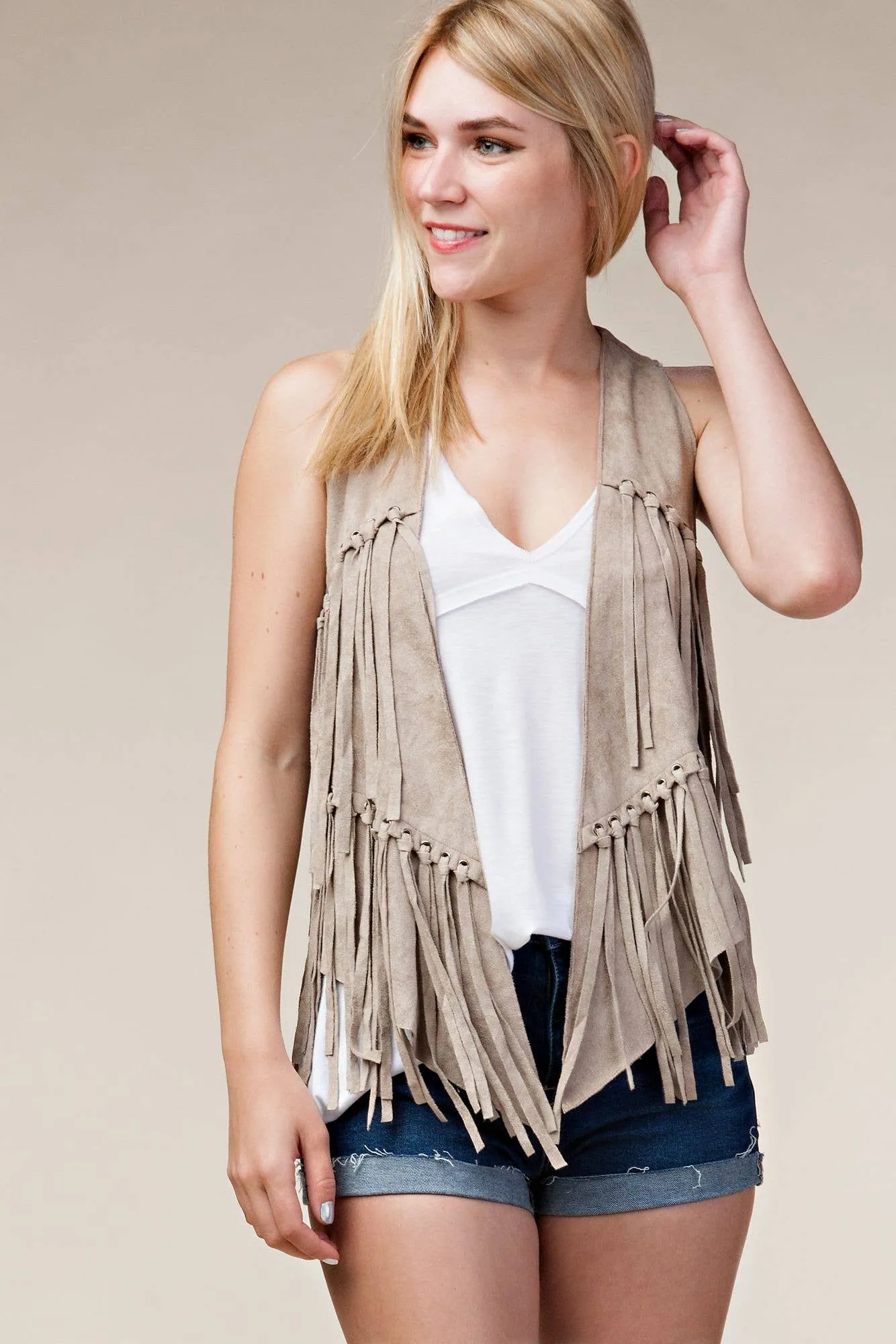 Fringe Vest with Eyelets: Camel